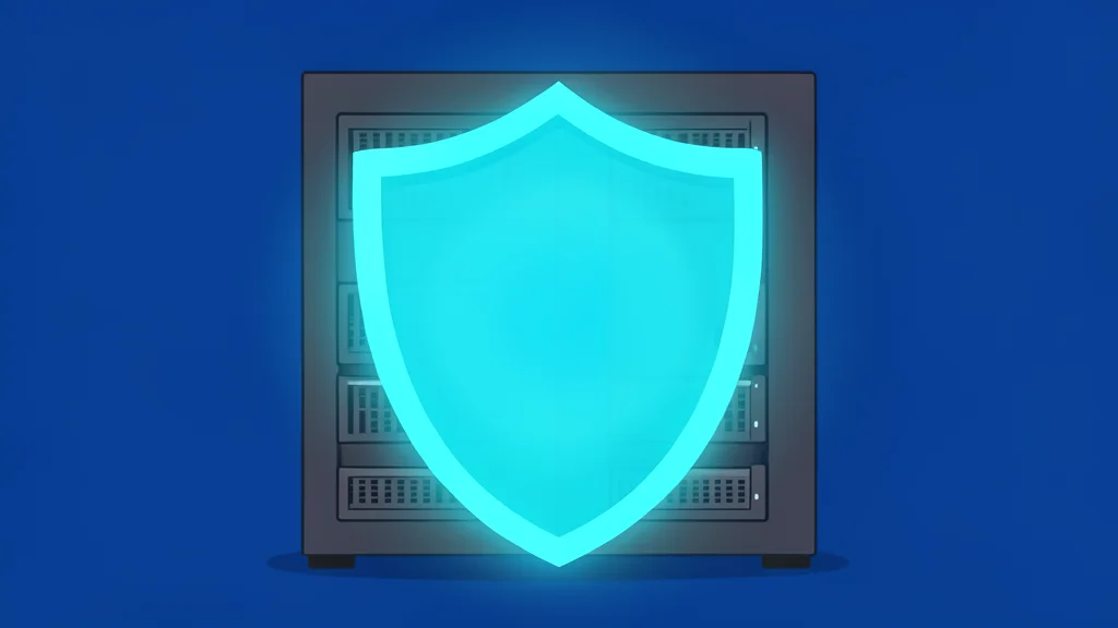 A glowing digital shield protecting a server rack