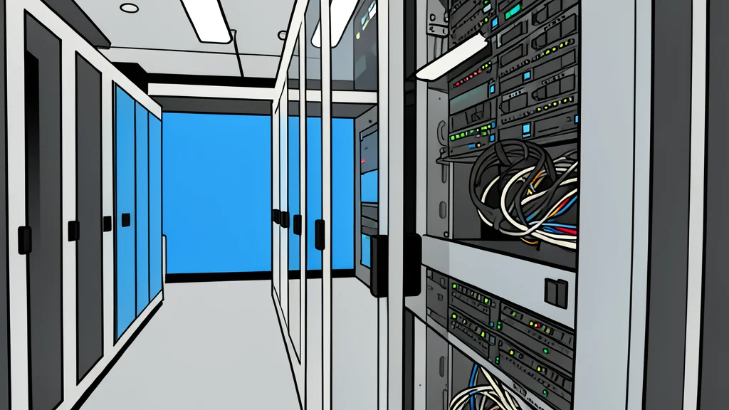 A server rack with glowing blue status lights in a dark room