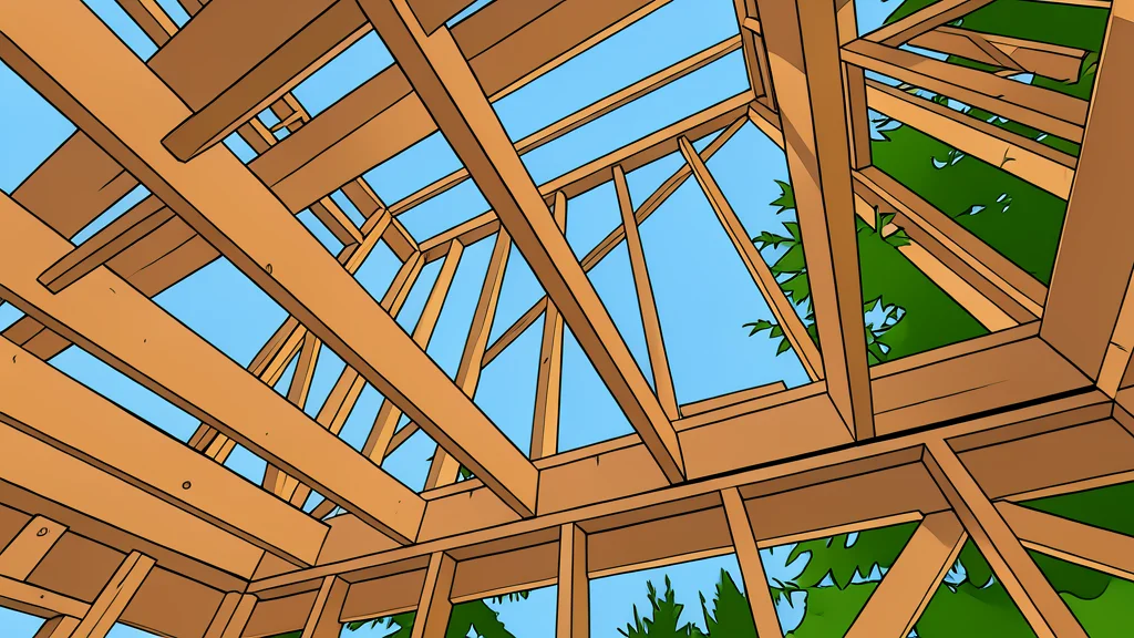 A wooden house frame under construction with a ladder leaning against it.