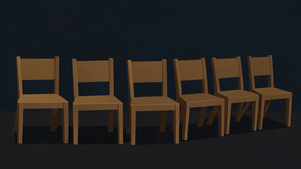 A row of empty wooden chairs arranged in a dimly lit, shadowy room