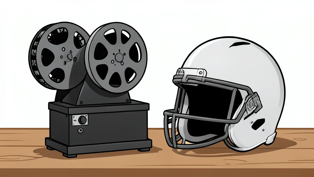 A vintage black-and-white film reel resting on a wooden table next to a football helmet.