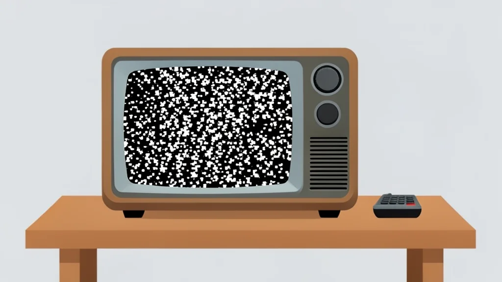 A vintage television set with a static-filled screen sitting on a wooden table next to a remote control