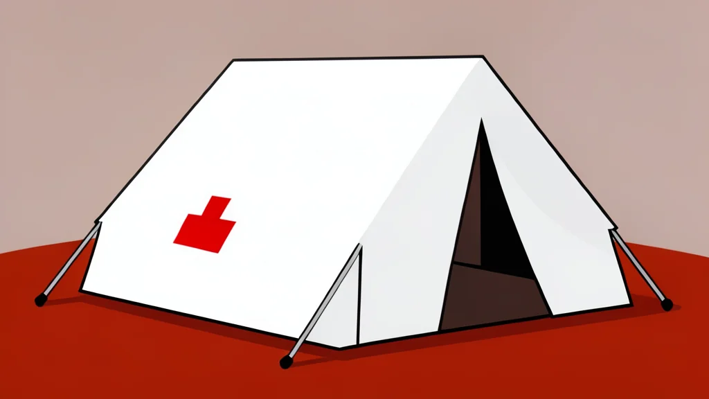 A white medical tent pitched on red earth with a red cross symbol on the side