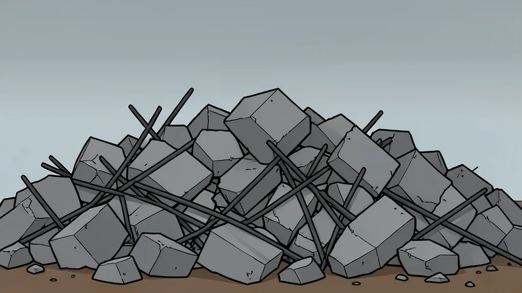 A pile of broken concrete rubble and twisted rebar under an overcast sky