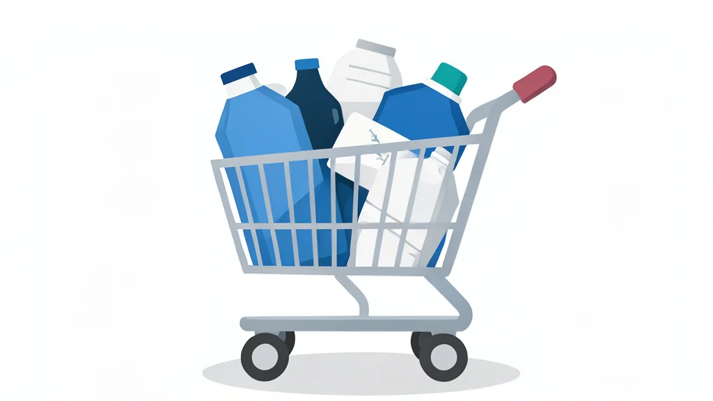 A modern shopping cart filled with generic grocery items and household goods