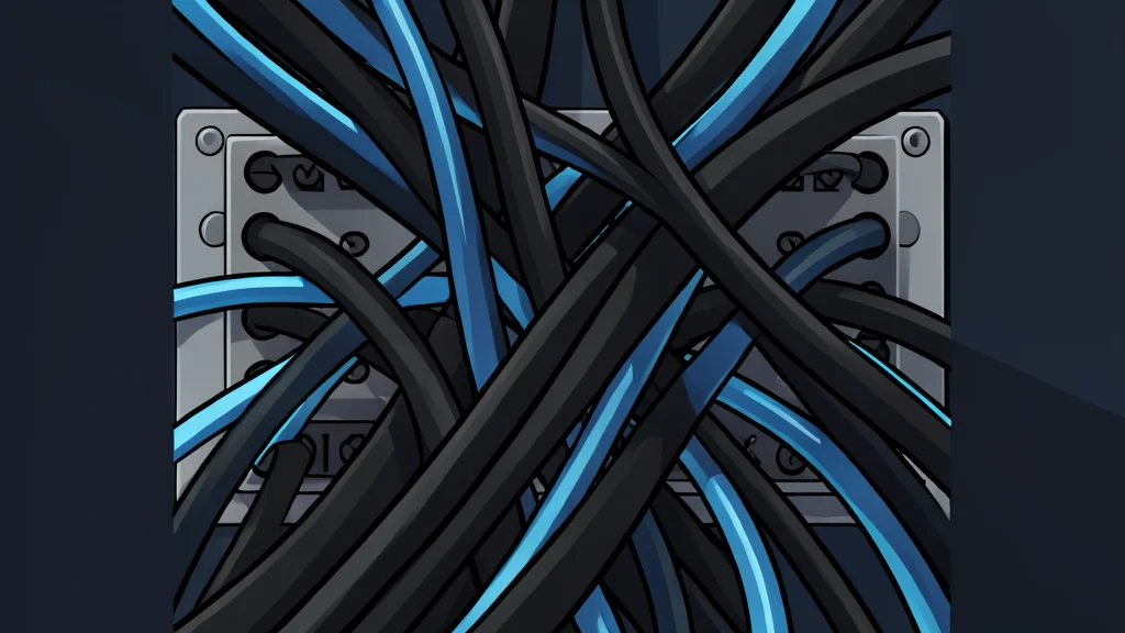 A complex, tangled knot of glowing blue fiber optic cables forming a dense, abstract network structure.