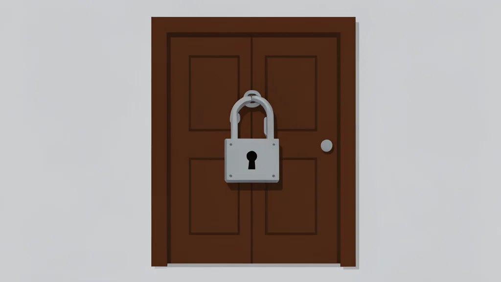 A closed wooden door with a heavy iron lock, set against a plain wall