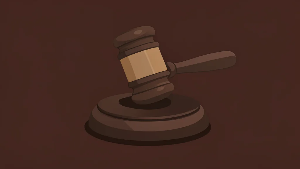 A wooden gavel resting on a dark mahogany desk surface