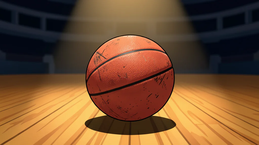 A polished hardwood basketball court with painted boundary lines and a center circle, illuminated by bright overhead arena lights.