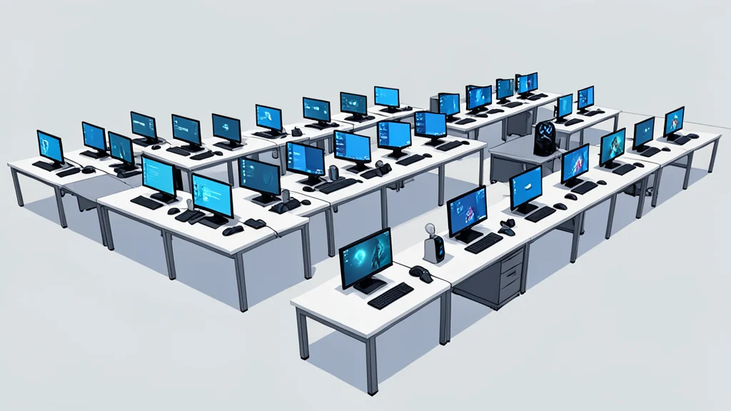 A flat vector illustration of a crowded exhibition hall floor with rows of computer monitors and gaming peripherals.