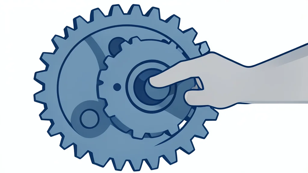 A large, intricate mechanical gear system with a hand reaching in to adjust a single cog