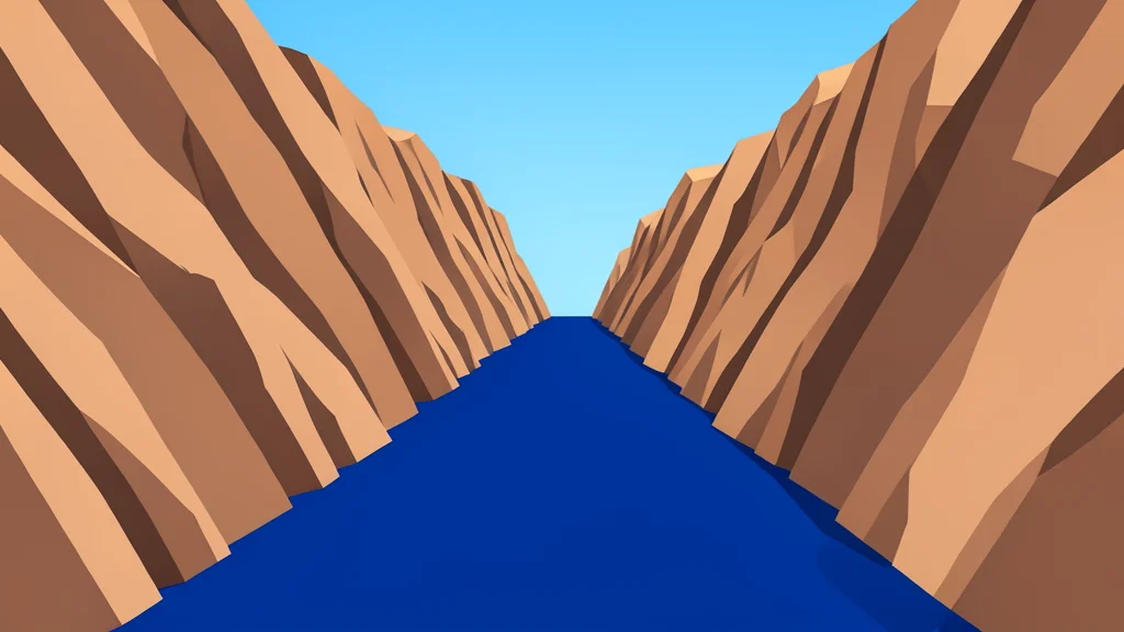 A narrow, deep blue waterway flanked by steep, arid rocky cliffs under a clear sky