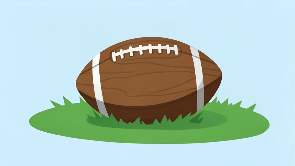 A weathered wooden football rests on a vibrant green grass field.