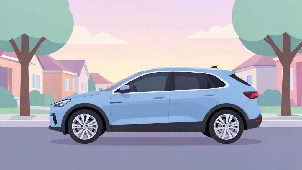 A sleek, modern midsize electric SUV parked on a quiet suburban street at dawn