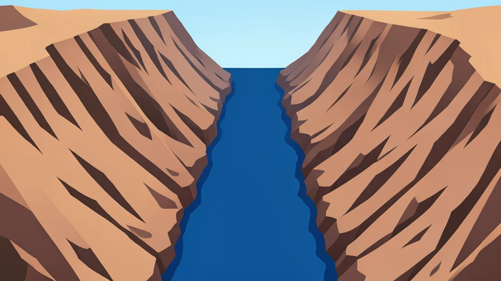 A flat vector illustration of a narrow deep blue waterway flanked by steep arid cliffs.