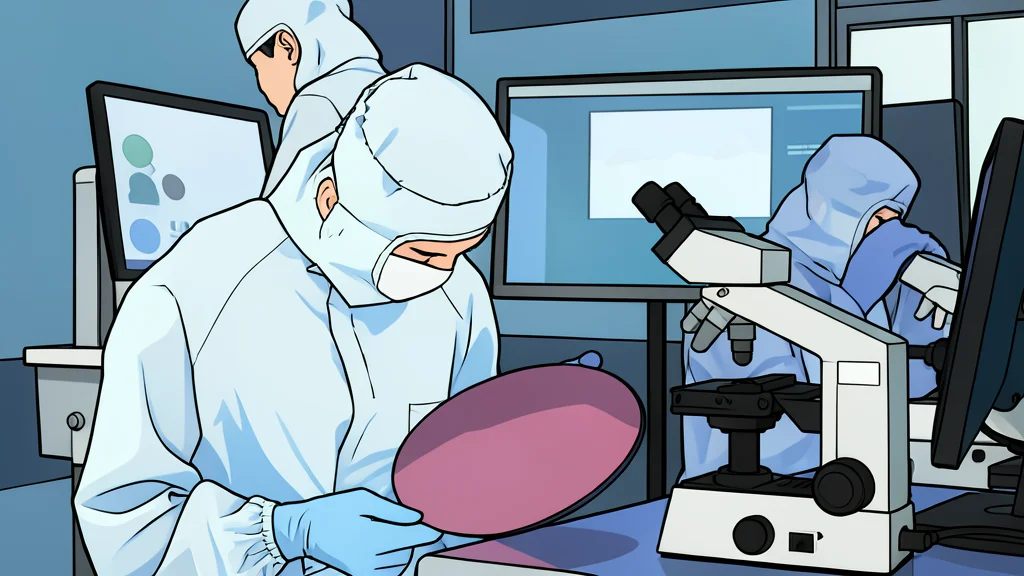 A polished silicon wafer resting on a clean, white surface in a sterile laboratory environment