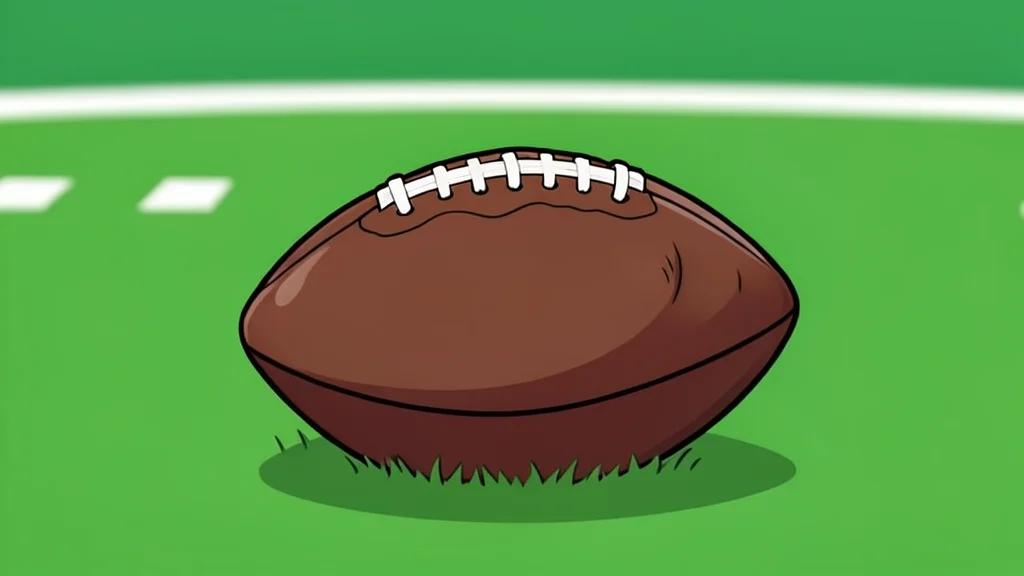 A green football practice field with white yard lines and a single brown leather football resting on the grass