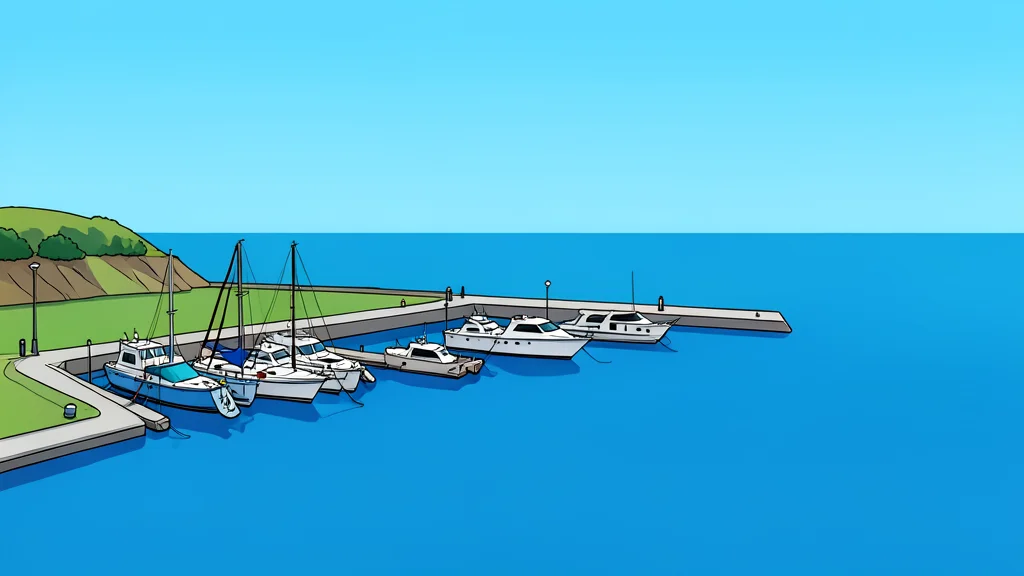 A small harbor with boats docked near a coastline, overlooking a wide body of water under a clear sky.
