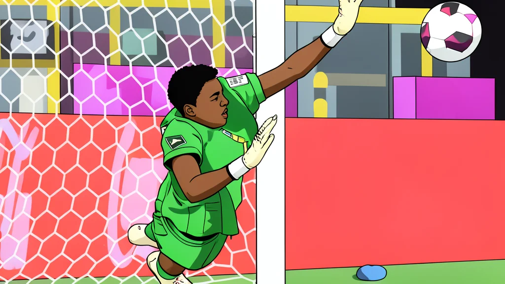 A flat vector illustration of a green football pitch with white lines and a goal net in the background.