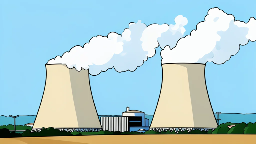 A large nuclear cooling tower adjacent to a field of solar panels under a clear blue sky.