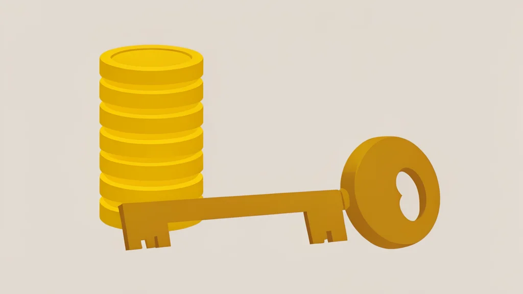 A neat stack of metallic coins sitting next to a large brass key.