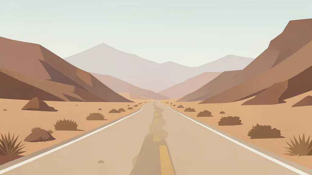 A dusty, unpaved road winding through a dry, mountainous valley under a hazy sky.
