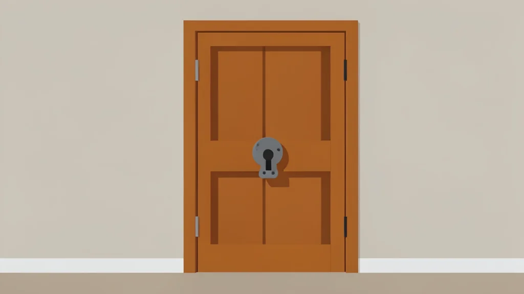 A closed wooden door with a heavy iron lock set against a plain wall