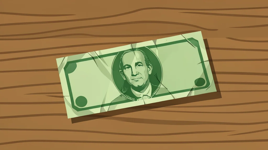 A single, worn US dollar bill resting on a wooden desk surface.