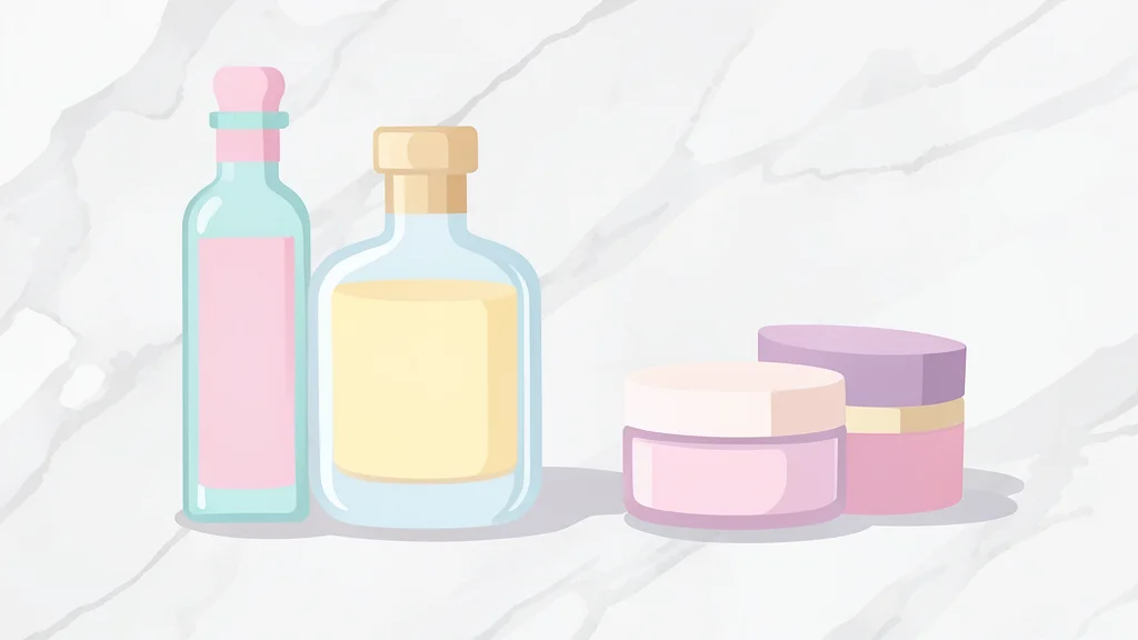 A collection of glass perfume bottles and cosmetic jars arranged on a marble surface