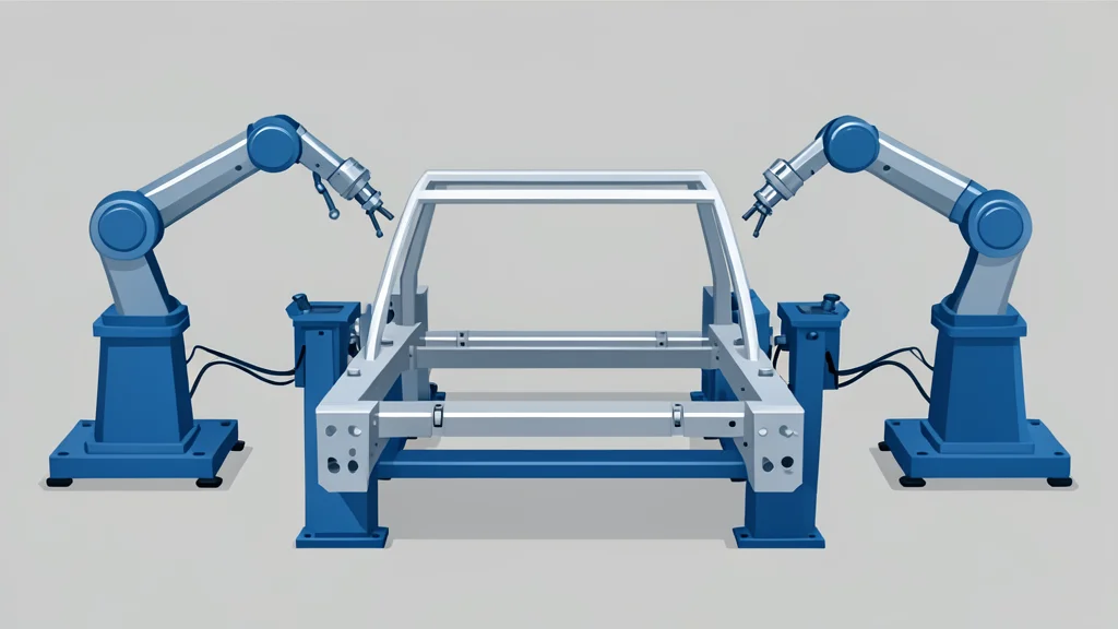 A flat-vector illustration of an industrial automotive assembly line with robotic arms surrounding a vehicle chassis frame.
