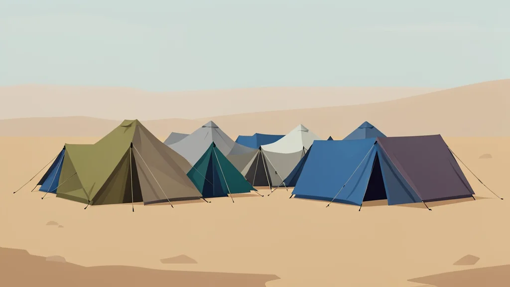 A cluster of makeshift tents and tarps set up in a dry, dusty open field under a hazy sky