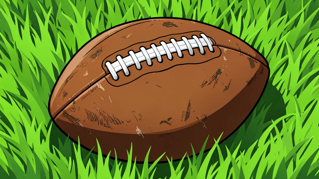 A worn leather football resting on green grass
