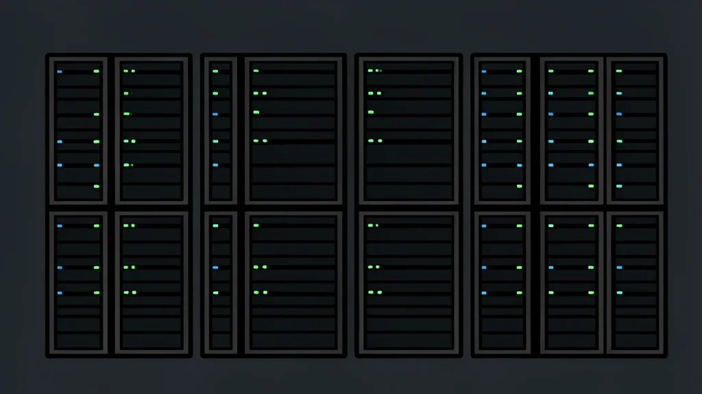 A modern server room with rows of black racks and blinking status lights