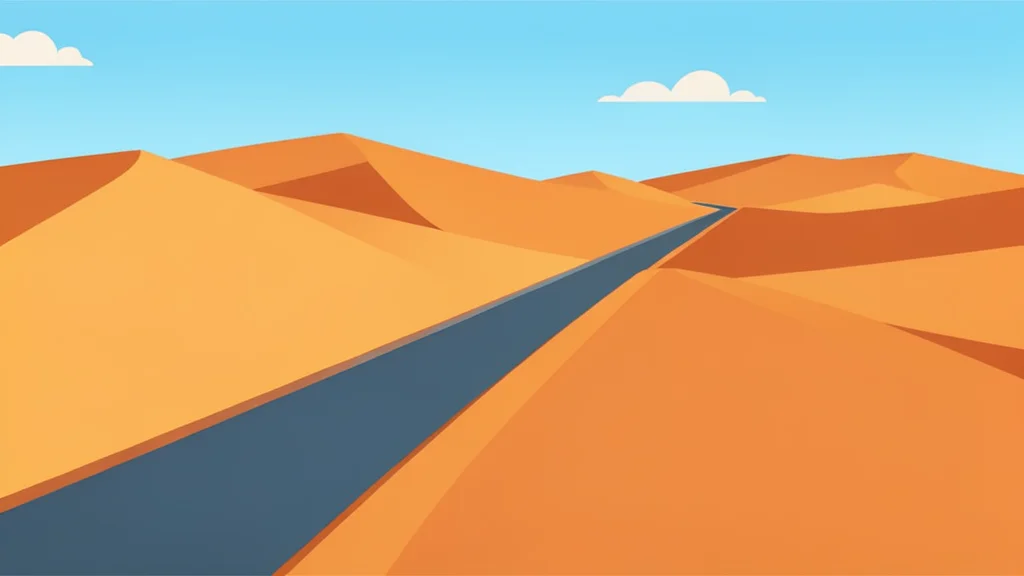 A desert landscape with a long pipeline running through the dunes