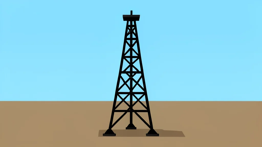 A steel derrick standing in a flat, arid landscape under a clear sky