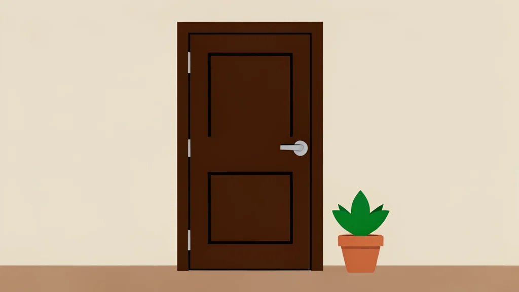 A closed office door with a small potted plant on the floor beside it
