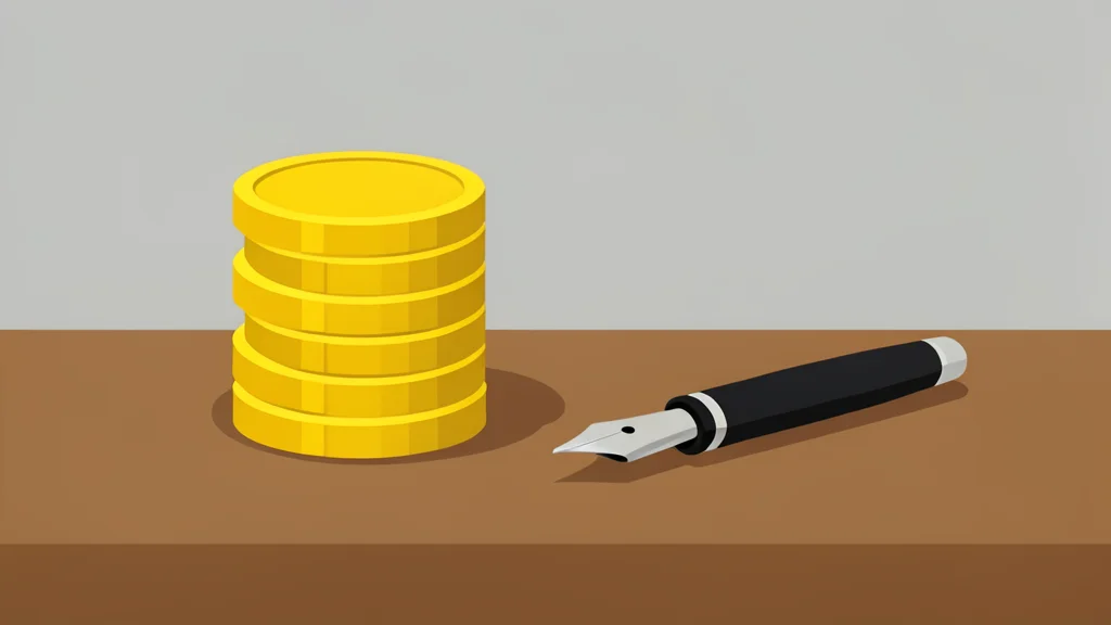 A stack of gold coins and a fountain pen resting on a wooden desk