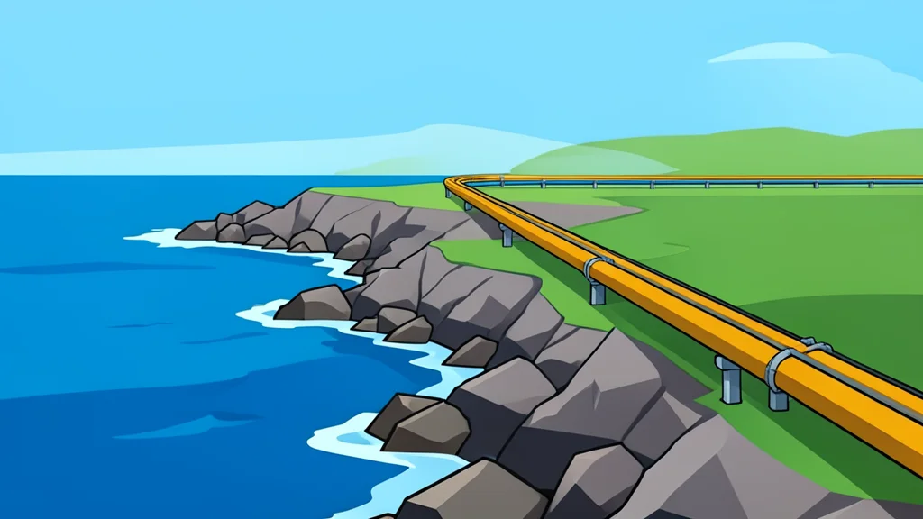 A rocky coastline meeting the sea with a large oil pipeline running through the landscape