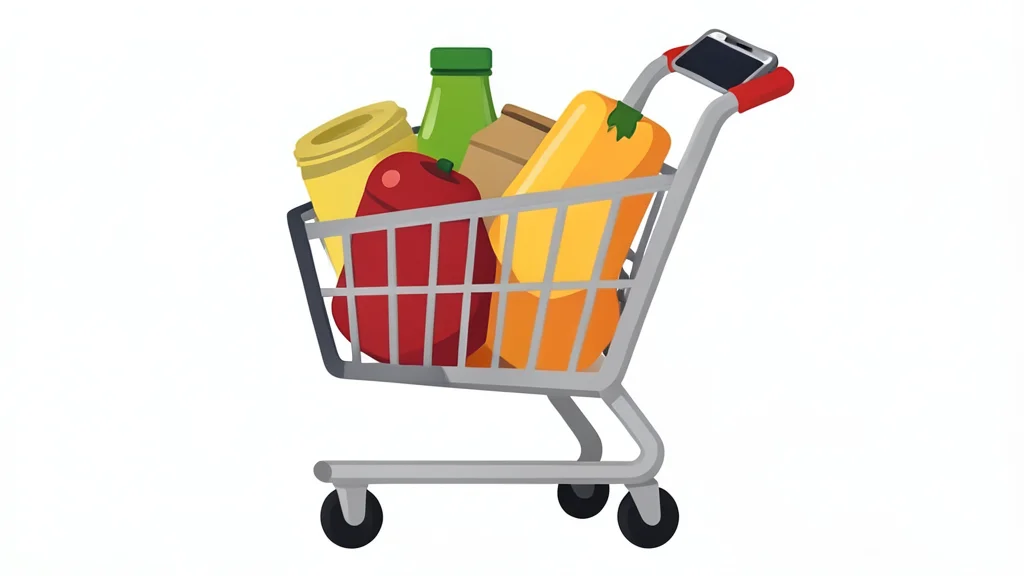 A modern shopping cart filled with generic grocery items and a smartphone resting on the handle