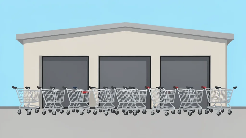 A large warehouse storefront with a row of shopping carts parked outside