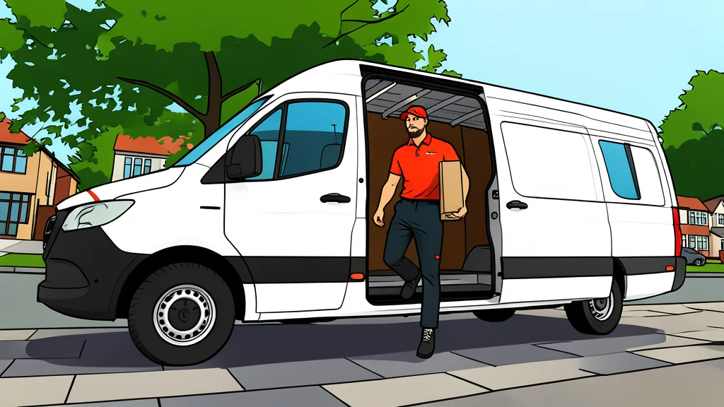 A row of white commercial delivery vans parked in a depot lot