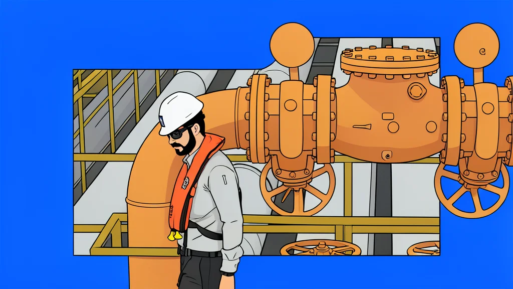 A flat vector illustration of a narrow winding waterway connecting two large bodies of water with a long pipeline running parallel to the coastline.