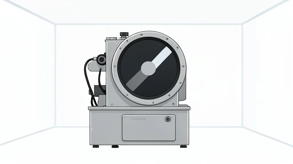 A complex industrial machine with a large, circular lens assembly and metallic housing, situated in a clean, white room.