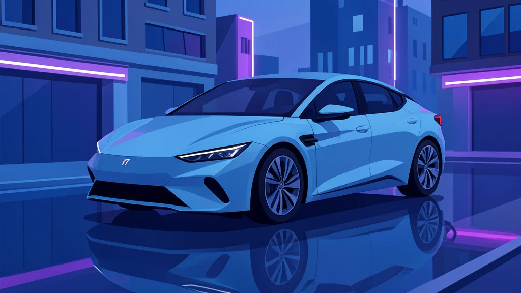 A sleek, modern electric vehicle parked on a wet city street at night, reflecting neon lights, with a focus on its aerodynamic curves and charging port.