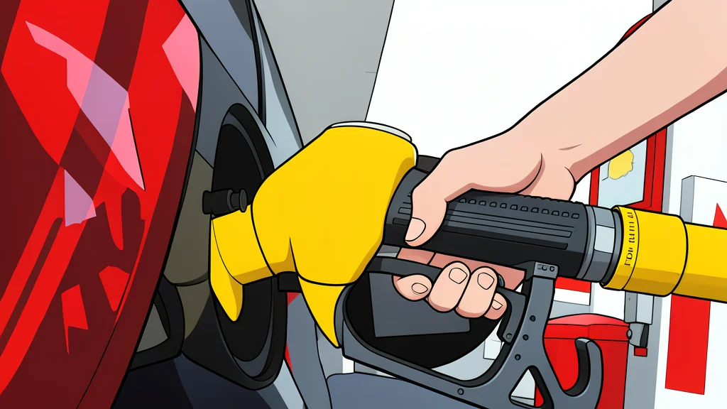 A red fuel pump nozzle resting on a concrete surface next to a yellow plastic jerrycan