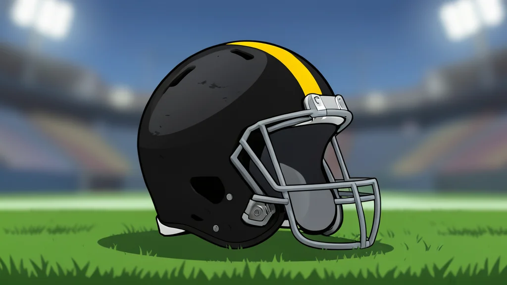 A single football helmet resting on green grass under bright sunlight.