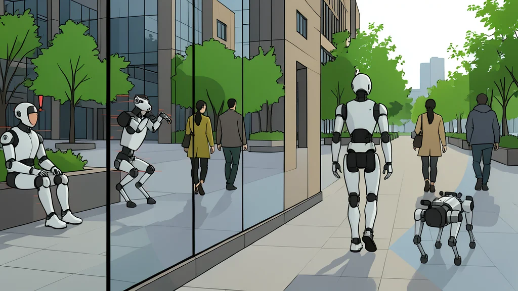 A flat vector illustration of a humanoid robot standing on a city sidewalk next to a glass building