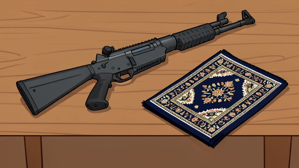 A semiautomatic rifle resting on a wooden table next to a folded prayer rug