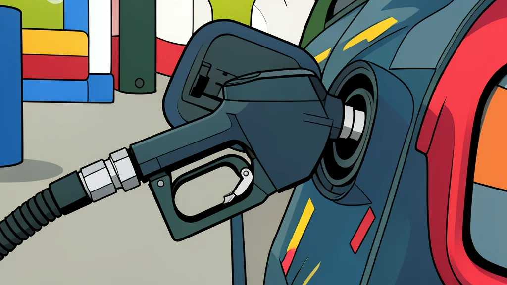A fuel pump nozzle resting on a concrete surface next to a puddle of spilled liquid