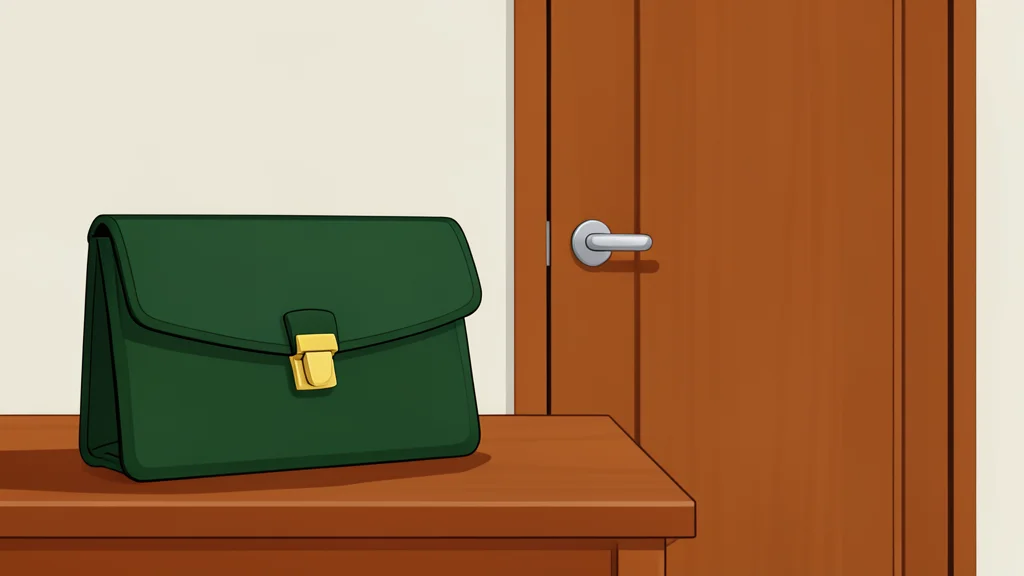 A diplomatic pouch resting on a wooden desk next to a closed door.